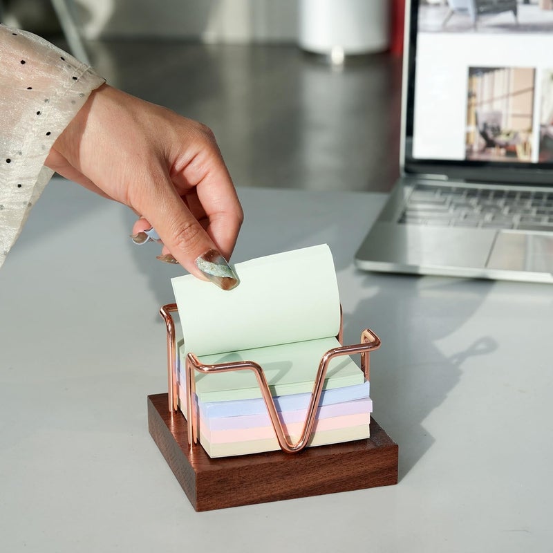 MXOAZNE Wood Sticky Note Holder, 3 x 3 inch Self-Stick Note Memo Pad Holder for Desk, Notepad Dispenser for School Office, Rose Gold - Image 4